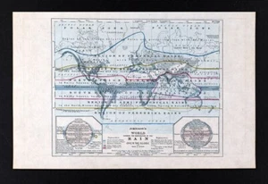 1874 Johnson World Map Rain Distribution Climate Zones Weather Clouds Latitudes - Picture 1 of 4