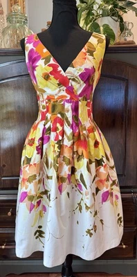 Sz 6 Vintage Tea Garden Floral Pleated Dress Tank Sundress V Neck Gathered Waist - Image 1 of 4
