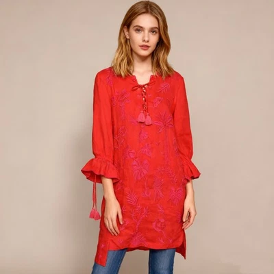 Nuevo sin etiquetas Vestido Johnny Was Ramie Bordado Volantes Rojo Luciana Corbata Manga Frontal L Foto 1 de 4