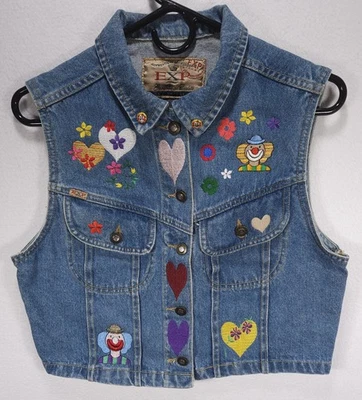 Chaleco vaquero vintage Express Jeans para mujer bordado personalizado tema payaso talla L Foto 1 de 4