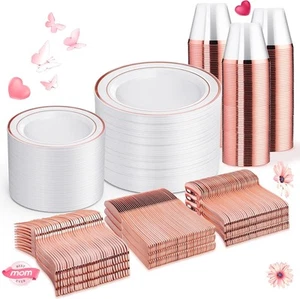 WELLIFE 600 PCS Rose Gold Disposable Dinnerware Set for 100 Guests, - Picture 1 of 6