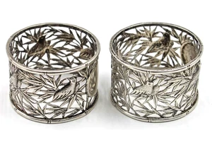 Antique Chinese Export 800 835 Silver Openwork Birds & Bamboo Napkin Ring PAIR - Picture 1 of 8