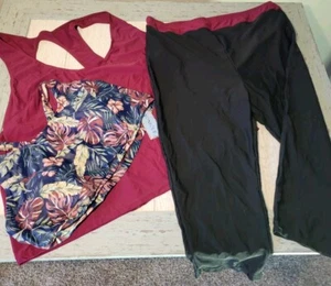 Yonique 3pc Workout Set Bra/tank/capri Tights Burgundy Floral PLUS 22W - Picture 1 of 9