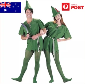 Adult Peter Pan Robin Hood Costume Green Elf Halloween Dress up Party Unisex Man - Picture 1 of 1