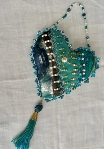 SILK HANGING HEART beaded *100% HANDMADE* tassel, aqua, green teal turquoise - Picture 1 of 6