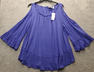 Chico's Blouse Top Womens Medium Blue Pleated Cold Shoulder Bell Sleeve Pullover - Picture 1 of 13