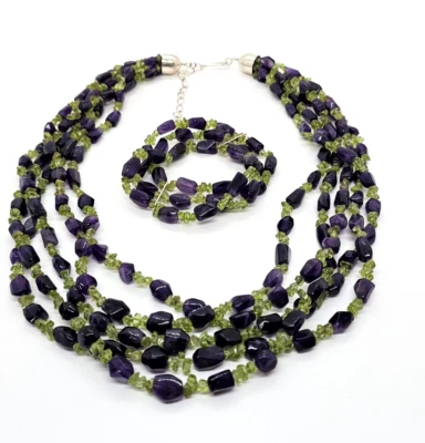 Jay King  S.S. Multi-Strand Amethyst & Peridot Necklace & Bracelet Set Signed - Image 1 of 4