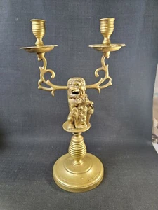 Antique Solid Brass 2 Light Candelabra W/ Royal Lion - Picture 1 of 12