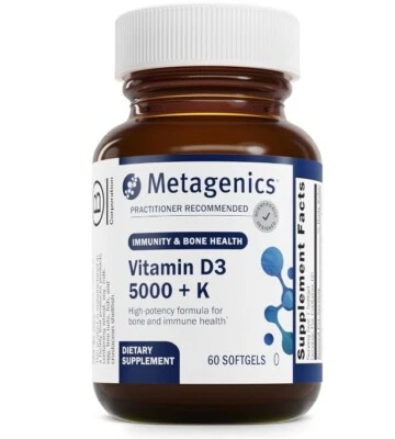 Metagenics, D3 5.000 + K, 60 cápsulas blandas, alta potencia, biodisponible Foto 1 de 4