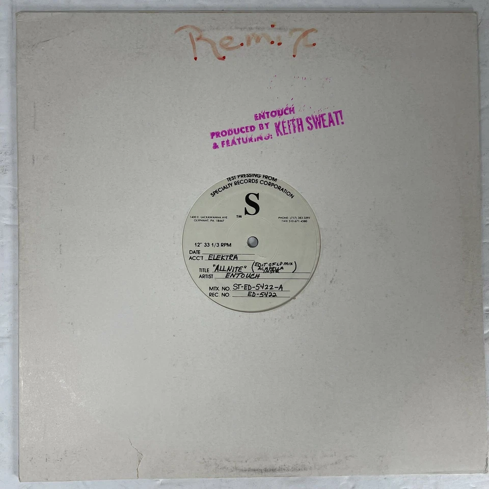 Entouch ‎– All Nite Vinyl, LP Specialty Records Test Pressing  Keith Sweat - Image 1 of 1