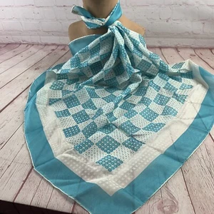 Vintage Ladies’ Pure Silk Aqua Blue & White Geometric Print Scarf Made In Japan - Picture 1 of 6