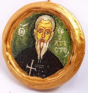 Saint Theoctistus Agios Theoktistos Rare Miniature Round Byzantine Icon on Wood - Picture 1 of 10