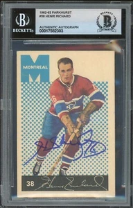 Henri Richard signierte 1962-63 Parkhurst Karte #38 Canadiens BAS Platte 10 Autogramm - Bild 1 von 2