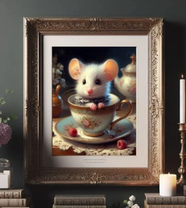 Victorian Mouse in a teacup Mug Spring Flowers Farmhouse Vintage art painting - Picture 1 of 3