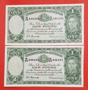 1952AUSTRALIAN 1 POUND R32 COOMBES/WILSON CONSUCETIV TWO gVF NOTE W/89 346235/6 - Foto 1 di 7