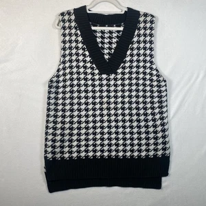 Houndstooth Knit Sweater Vest Black White V-Neck Sleeveless Pullover Size S - Picture 1 of 5