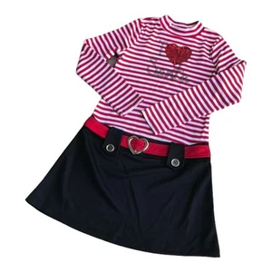 Pink & Violet Girls Dress L 10 12 I Love Santa Striped Christmas Red White Black - Picture 1 of 7
