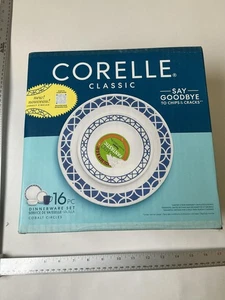 Corelle Classic Cobalt Circles 16pc Dinnerware Set Plates Bowls Mugs Blue New - Picture 1 of 5