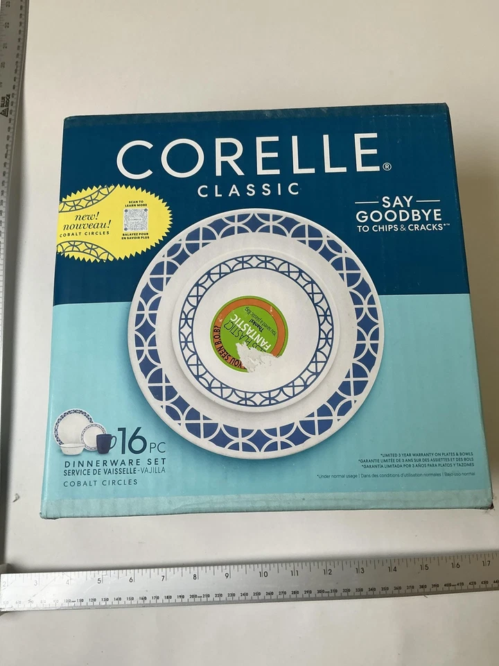 Corelle Classic Cobalt Circles 16pc Dinnerware Set Plates Bowls Mugs Blue New - Image 1 of 4