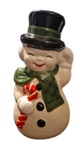 "Muñeco de nieve de cerámica vintage molde escarchado 13"" sombrero de copa bastón de caramelo bufanda pintada a mano" - Imagen 1 de 4