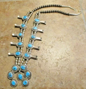 26" ¡EXÓTICO!!  Collar Navajo Vintage Esterlina TURQUESA MORENCI Flor de Calabaza - Imagen 1 de 17