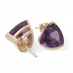 Trillion Cut Amethyst Gemstone Stud Earrings 14K Yellow Gold 2.78 CTW 8 MM - Picture 1 of 9
