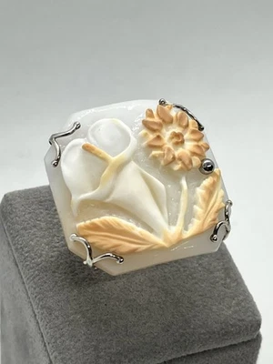 Anello in Argento 925 con Cammeo Corniola 30x30mm Fiori | Fatto a Mano - Immagine 1 di 4