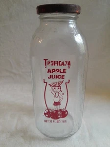 Bottiglia di SUCCO DI MELA in vetro Tropicana vintage 32 oz. Coperchio in metallo ORIGINALE - Foto 1 di 6