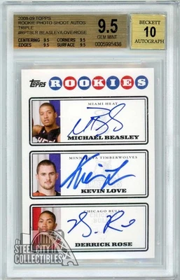 Derrick Rose Love Beasley 2008 Topps Rookie Triple Auto Card #RPT-BLR BGS 9.5 - Image 1 of 2
