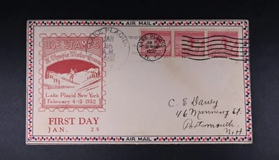 Jan 25 1932 FDC USA Scott # 716-1 Roessler Cachet VF Cover Winter Olympics - Image 1 of 2
