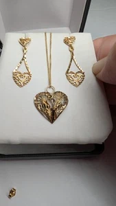 Vintage real 14K filigree heart necklace and matching pierced dangle earrings - Picture 1 of 16