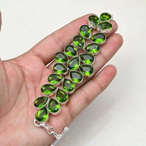 Green Peridot Gemstone Handmade 925 Sterling Silver Jewelry Bracelet Size 7-8" - Picture 1 of 4