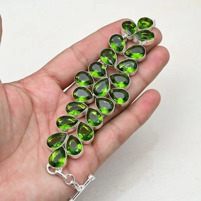 Green Peridot Gemstone Handmade 925 Sterling Silver Jewelry Bracelet Size 7-8" - Image 1 of 4