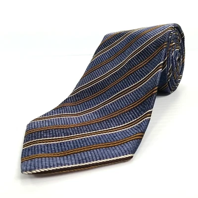 Leonardo Luxury Tie Blue Brown Striped Woven Silk Necktie Italy 59" x 3.5" - Image 1 of 4
