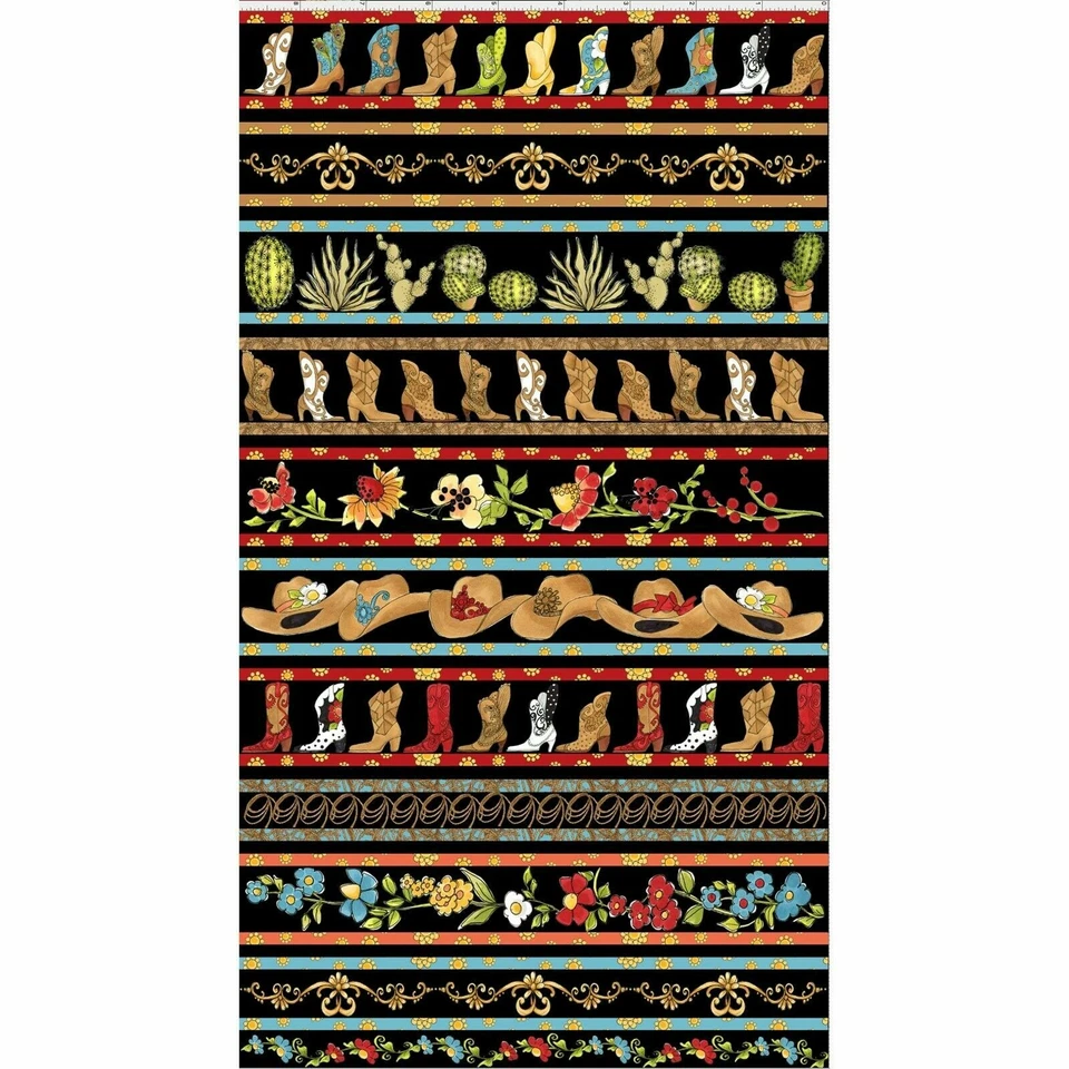 Cowboy Stripe Fabric Boot Hat on Black Whoa Girl Cotton Loralie Designs By Yard - Image 1 of 1