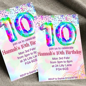 10 Personalised Tie Dye Foil Ballons Birthday Party Invitations Kids Invites A6 - Picture 1 of 5