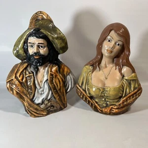 VTG PAIR HOLLAND MOLD PIRATE GYPSY WENCH CERAMIC STATUE FIGURINE BUST SET n - Picture 1 of 10