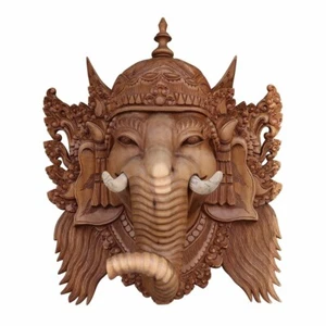 Ganesha Mask Wood Carved Relief Solid Acacia Wood Wall Hanging Relief Sculpture - Picture 1 of 8