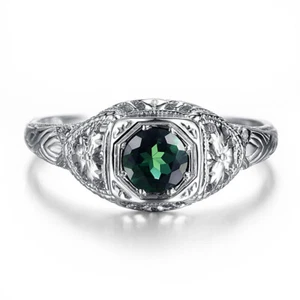 Round 4mm Tourmaline Ring Antique Engrave Sterling Silver Plated 14k White Gold - Picture 1 of 15
