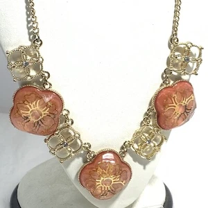 ANN TAYLOR Gold Flower Logo Dangle Pendant Necklace Crystal Acrylic Orange - Picture 1 of 12
