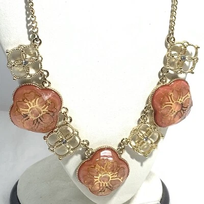 ANN TAYLOR Gold Flower Logo Dangle Pendant Necklace Crystal Acrylic Orange - Image 1 of 4