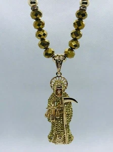 Handmade Holy Death Gold Crystal Necklace Collar de cristal Santa Muerte Dorado - Picture 1 of 8