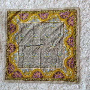 Vintage Souleiado Floral Tan Purple Square Cotton Scarf Bandana - Picture 1 of 6