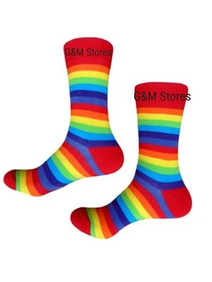 1 Pair Mens Rainbow Multi Coloured Striped Socks 80% Cotton / Lycra Crew Socks