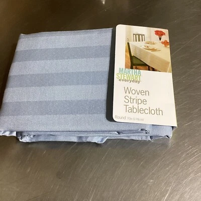 Brand New Martha Stewart Woven Tablecloth Round 70 Inch Ribbed Stripe Light Blue - Image 1 of 4