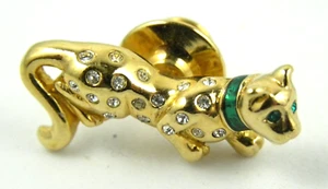 Broche prendedor vintage firmado Salo Cat tono dorado blanco verde pedrería esmalte - Imagen 1 de 6