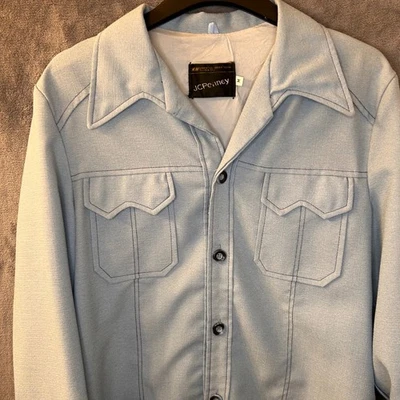 VTG 70s JCPenney Disco Mens M Light Blue Leisure Suit Jacket Long Sleeve - Image 1 of 4