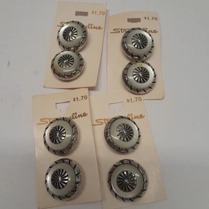 Set 4 bottoni vintage Streamline Button Co. bianco opalescente e argento metallo originali - Foto 1 di 5