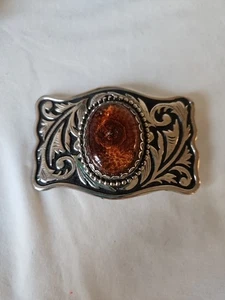 Vintage Herren Silber Gürtelschnalle Bernsteinfarben Lucite Cabochon - Bild 1 von 7