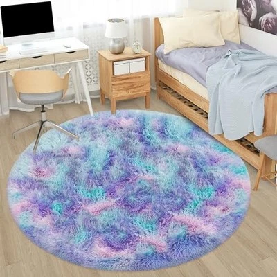 5x5 ft Tie Dye Rainbow Round Rug for Bedroom Room Fluffy Circle Rug Furry  - Image 1 of 4